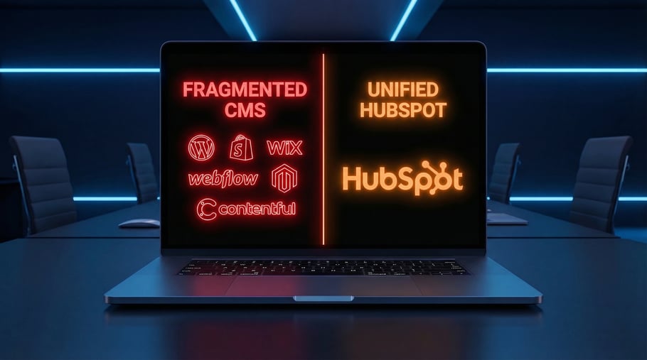 Laptop screen showing what a fragmented cms looks like vs a unifided HUbSpot CMS