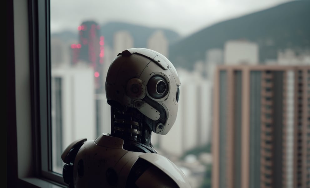 AI robot overlooking Hong Kong skyline