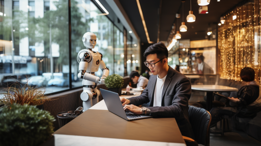 a businessman working with an AI robot 