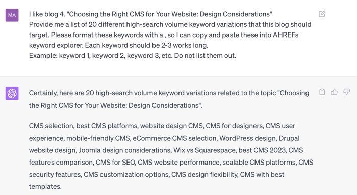 Example of ChatGPT prompt and answer for keyword research