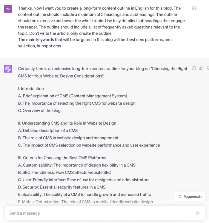 Example of ChatGPT prompt and answer for producing blog outlines
